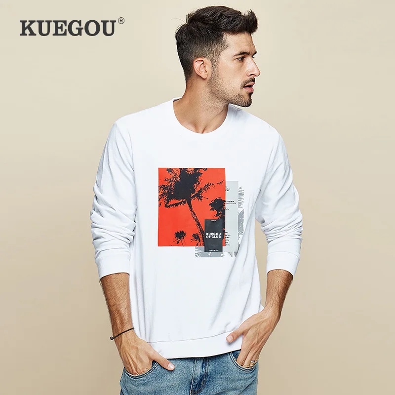 KUEGOU 2021 осень 100% хлопок Принт буквы черный Свитшот Мужская мода японский Уличная