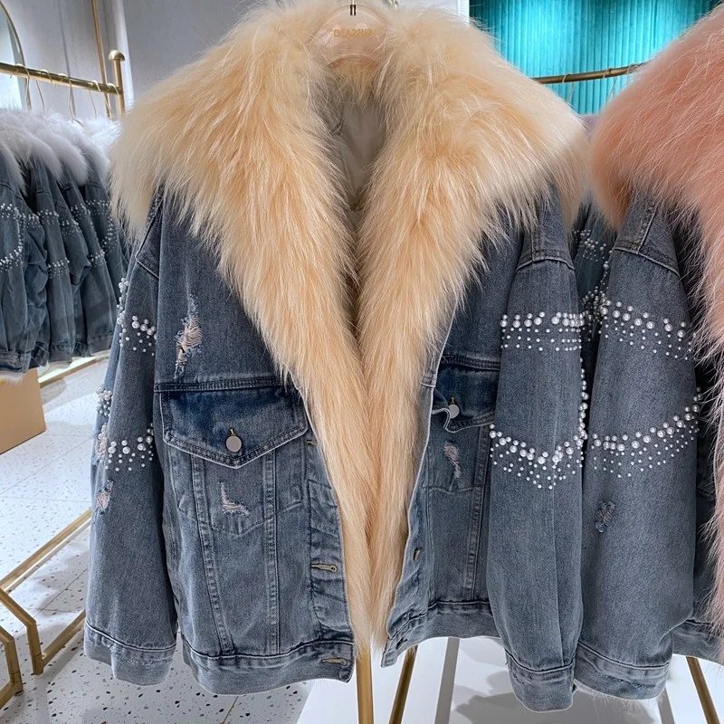 

SHZQ Down Jacket Women Winter Coat Detachable Feather Liner with Natural Raccoon Fur Collar Trim Female Parkas Rivet Denim Coat