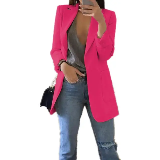 rose red Тонкий Женский блейзер Осенняя модная куртка Женский офисный однотонный Карманный деловой блейзер с вырезом Женское пальто плюс размер S-5XL - Цвет: rose red