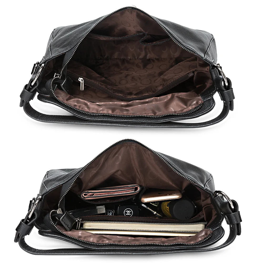 Zency 100% Genuine Leather Elegant Women Shoulder Bag Classic Black Hobos Roomy Casual Tote Handbag Crossbody Messenger Grey