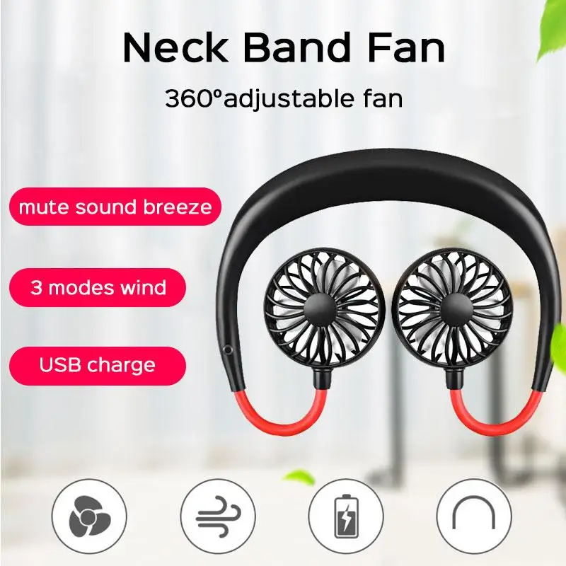 

360 Degree USB Fan Rechargeable Neck band Fan For Outdoor Office Sport Hand Free Mini Neck Double Fans 3 Speed Adjustable