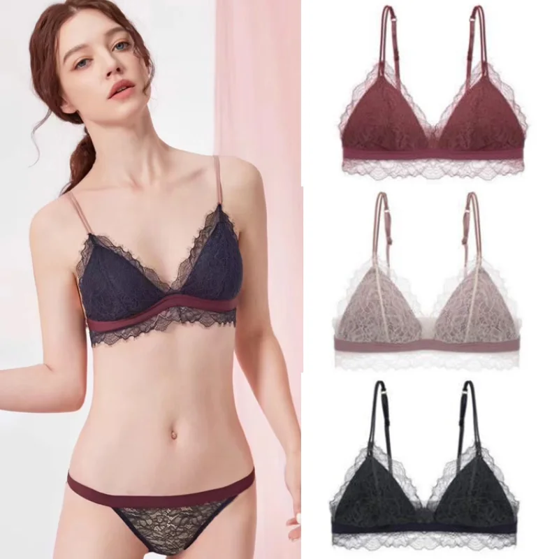 

Lace Sexy Lingerie Women Underwear Set Push Up Padded French Triangle Cup Girl Small Breast Adjustable Bra Without Steel Ring