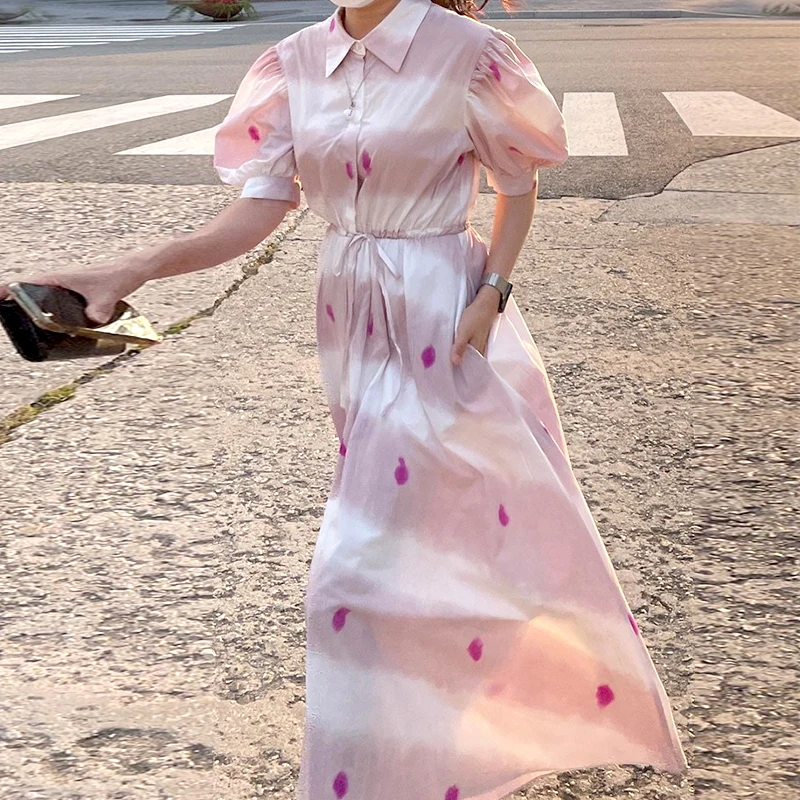 

2021 Summer New Fashion French Vestidos Women's Lapel Smudge Drawstring Lace Waist Puff Sleeve Midi Dress KK215