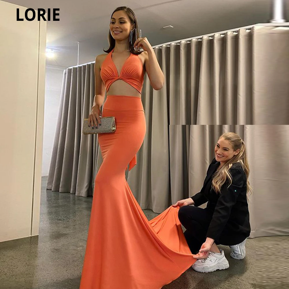 

Lorie Orange Two Pieces Soft Satin Mermaid Evening Dress Halter Sleeveless Prom Gowns Celebrity Formal Occasion Dress With Train