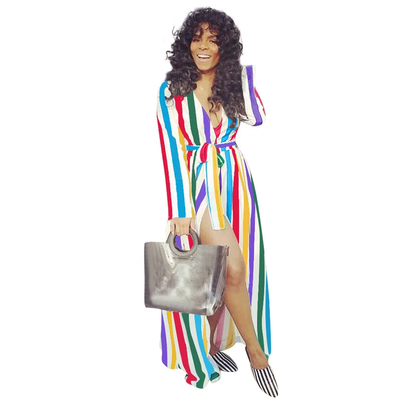 Rainbow Striped Swimwear 2 Piece Set Summer Clothes for Women One Shoulder Bodysuit and Full Sleeve Sashes Candigan Beach Outfit |
