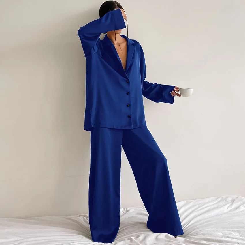 2021 women's home wear imitating silk comfortable thin trousers two-piece pajamas set women
