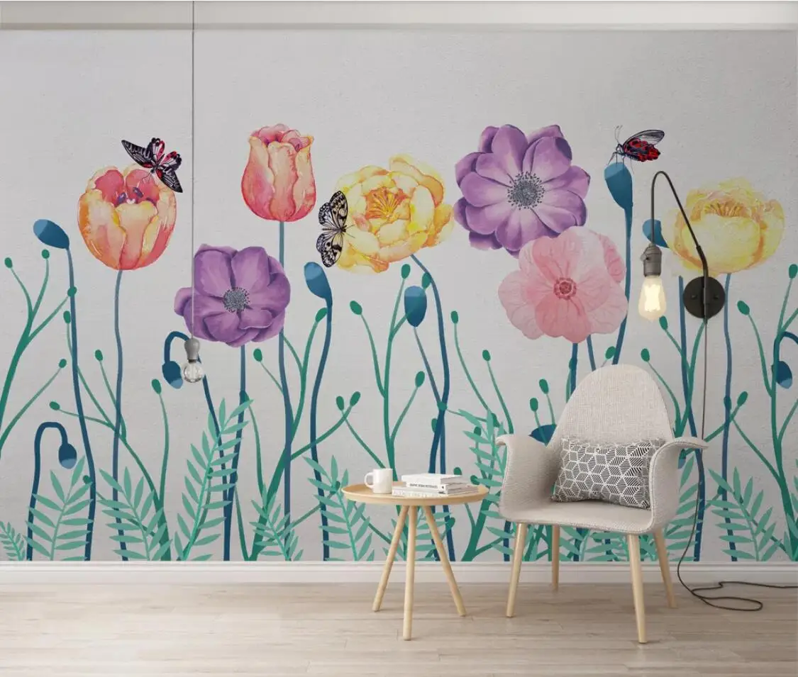Hand Painted Watercolor Murals Poppy Flower Wallpaper Butterfly Popular Wall Painting Floral HD Art Decor | Обустройство дома