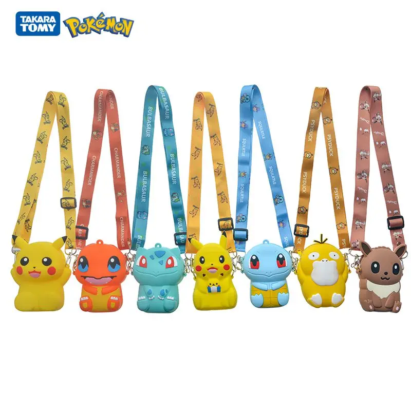 

New Cute Silicone Fashion Cartoon Figure Coin Purse Pokemon Pikachu Eevee Squirtle Shoulder Bag Toy For Girl Christmas Gifts