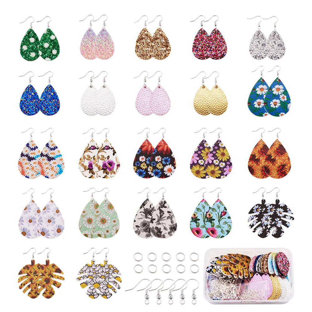 

1 Box Mixed Color PU Leather Pendants Charms with Jump Rings & Earring Hooks For DIY Jewelry Earring Making Findings Accessories