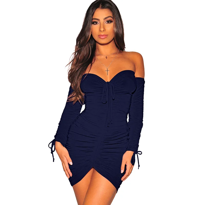 

Sexy Strapless Bandage Dress Women Elegant Long Sleeve Off Shoulder Bodycon Mini Dress Ruched Evening Night Club Party Dresses