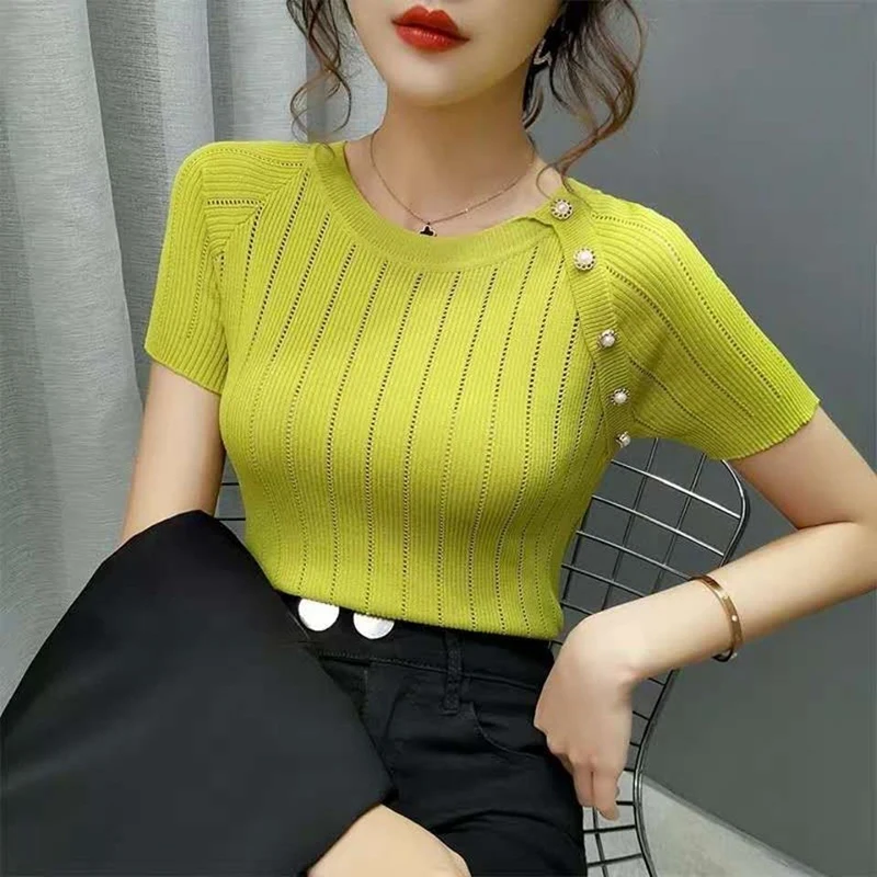 

LJSXLS Tee Shirt Femme Knitted Hollow Out T Shirt Button Short Sleeve Tshirt Women 2021 Summer Casual Thin white T-Shirt Female