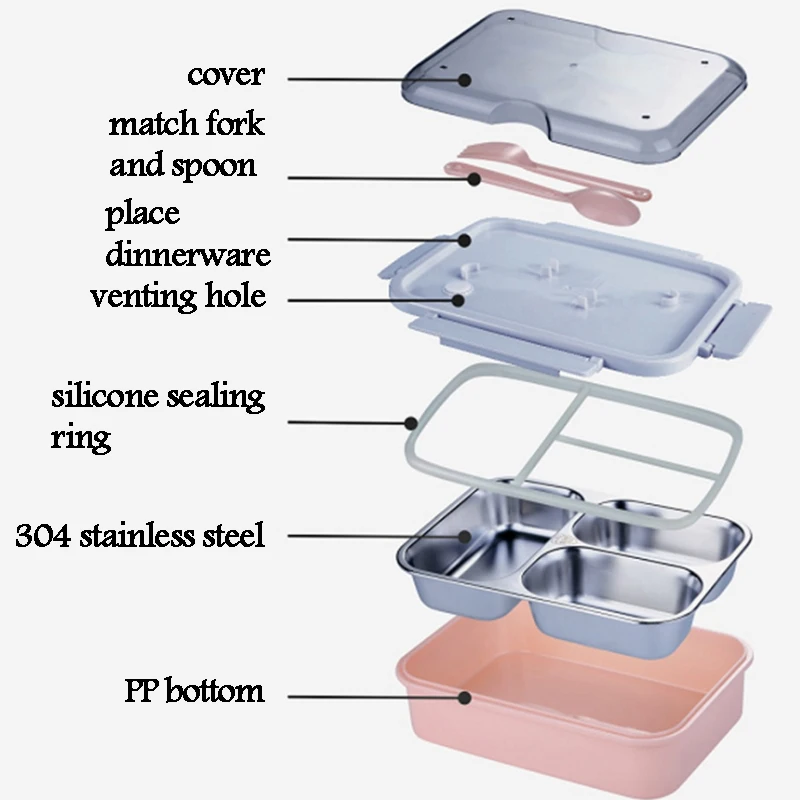 Ланч-бокс контейнер для еды детский школьных бенто снэк-бокс с 2 разделителями 304