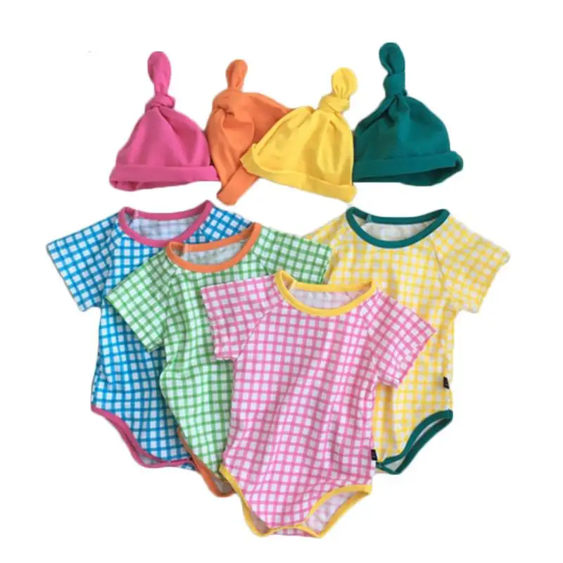 

Infants Girl Clothes Toddlers Sunsuit Cute Kids Boys Jumpsuits 0-24M New Arrival Summer Newborn Baby Plaid Bodysuits With Hats