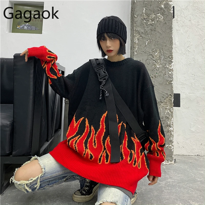 Gagaok Loose Harajuku Women Sweater Knit Top Spring Autumn Flame Sweaters Female Fashion Long Outfit Pullovers Plus Size | Женская