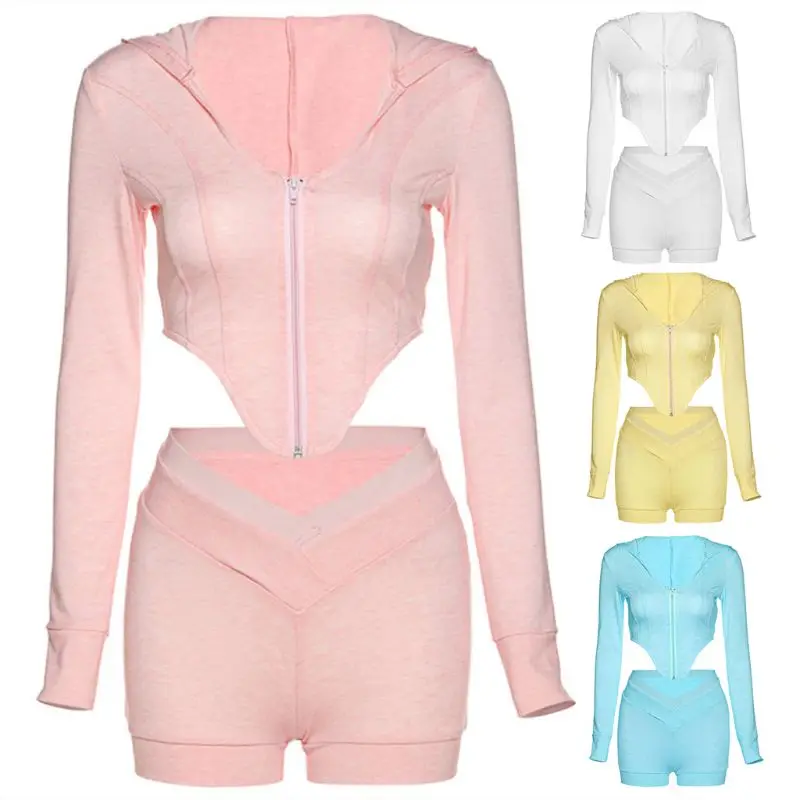 

Women 2 Piece Sport Outfits Set Hooded Zipper Long Sleeve Irregular Crop Top High Waist Shorts Solid Color Tracksuit