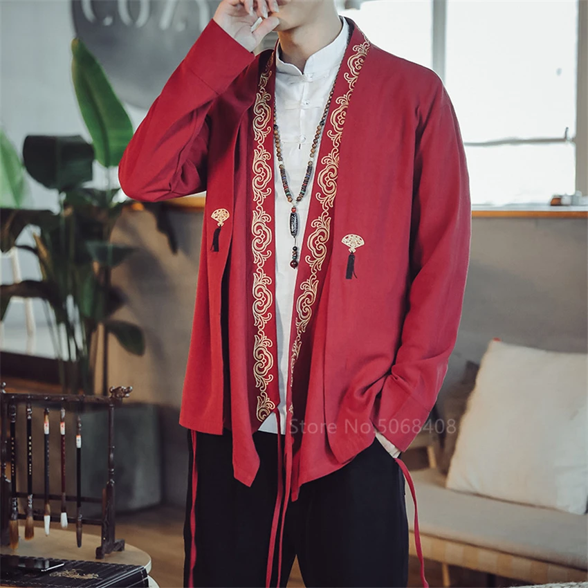 Кардиган кимоно мужской с вышивкой винтажное пальто в японском стиле модная