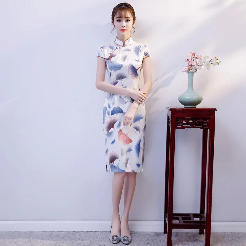

Summer Women Print Mid-Length Cheongsam Elegant Banquet Party Straight Chinese Dresses Vintage Sweet Satin Qipao Skirt Oversize