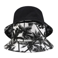 fashion coconut tree pattern bucket hat reversible summer panama fisherman fishing hats men women canvas hip hop flat top caps