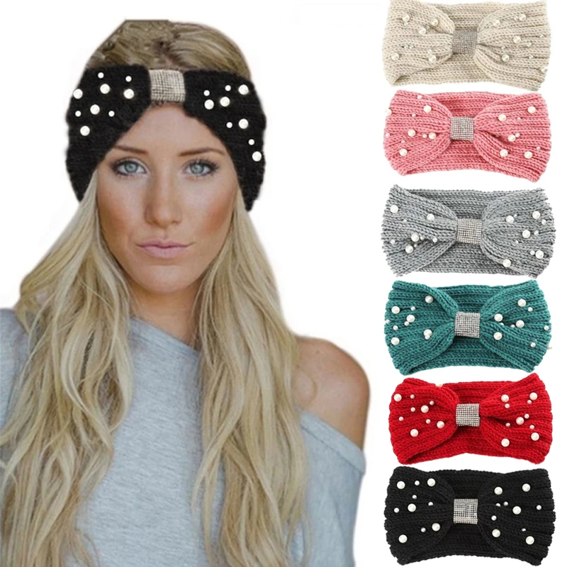 Теплые зимние завязанные жемчужные повязки на голову для женщин широкие