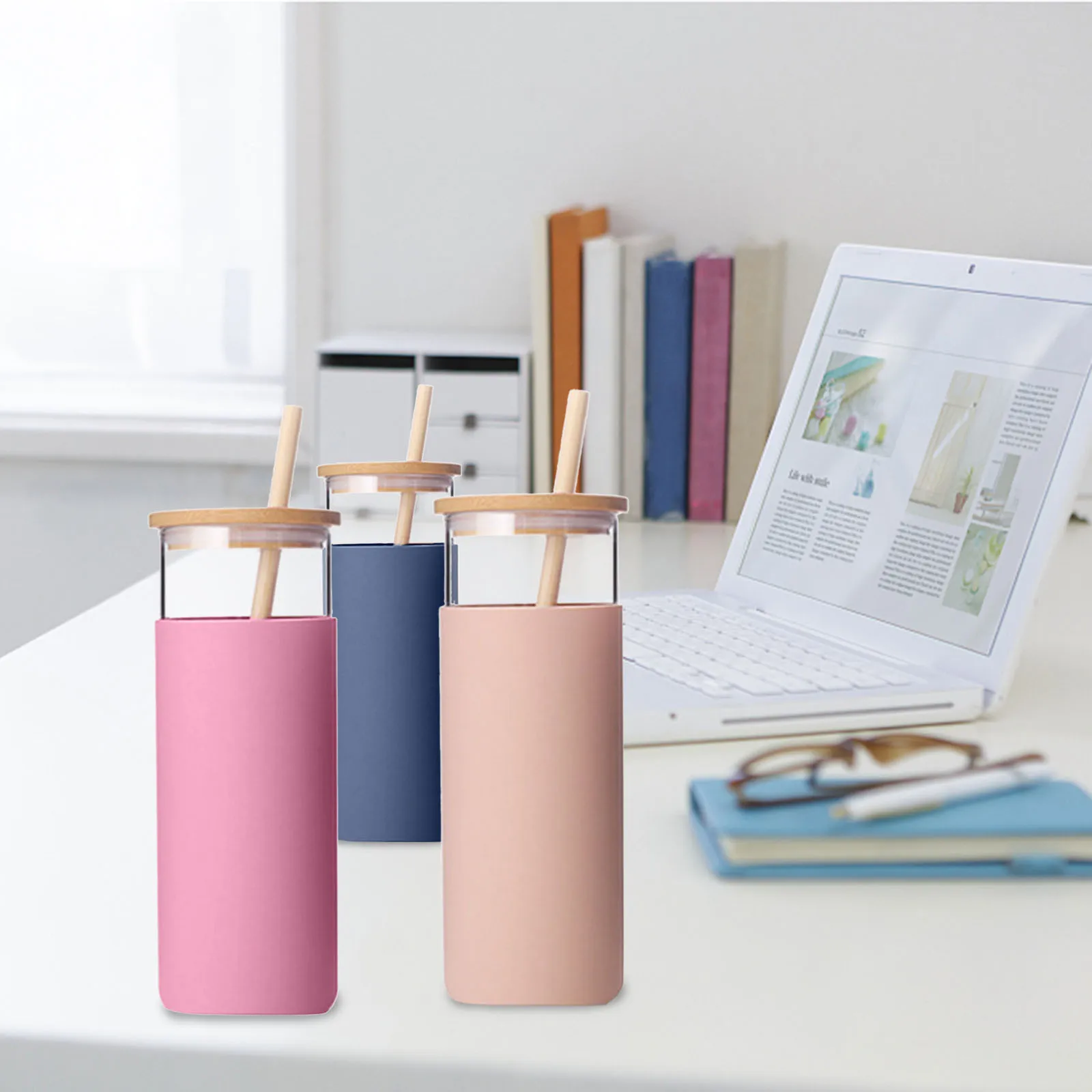 Силиконовая стеклянная трубочка чашка для воды креативная бамбуковая крышка