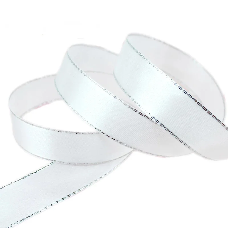 Tanio (25 jardów/rolka) biały ze srebrnymi krawędziami wstążka satynowa hurtownia prezent wstążki sklep