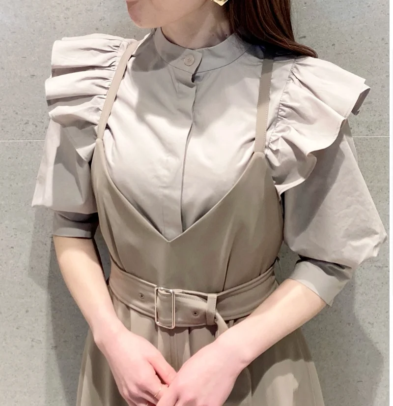 

Japanese Sweet Ol Court Style Solid Blouse Women Ruffles Patchwork Spring 2021 Slim Blusas Stand Collar Puff Sleeve Shirt