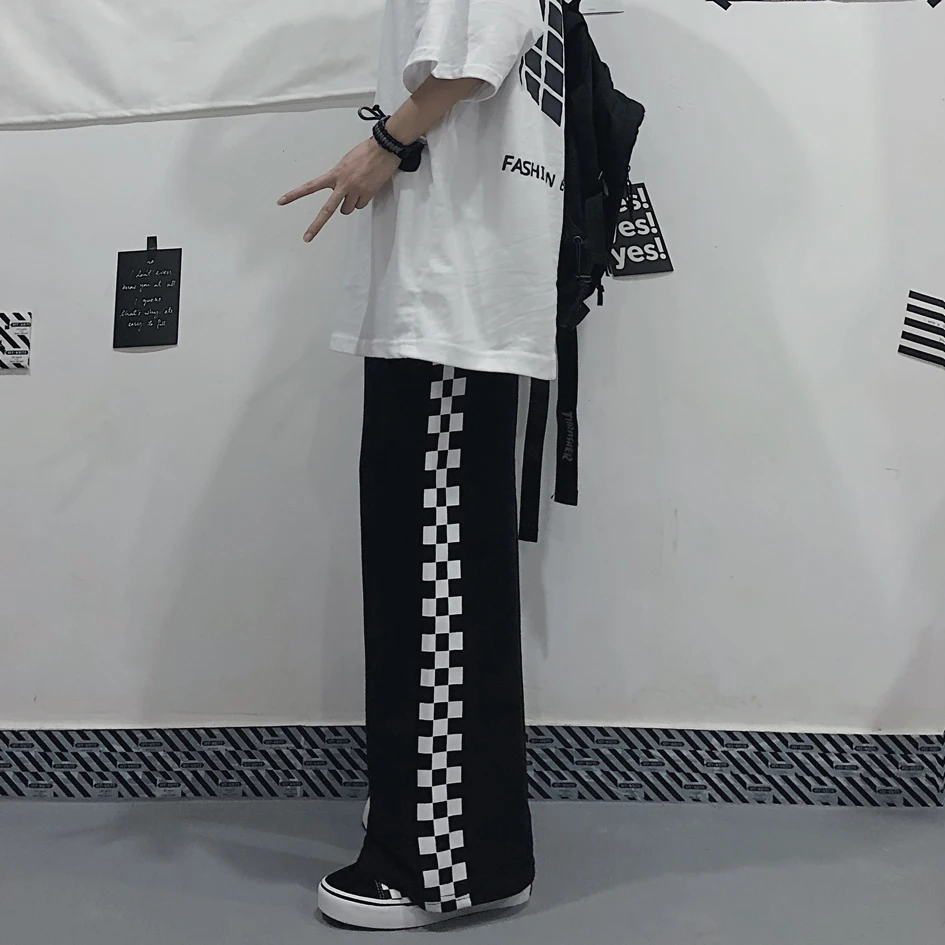 

Autumn Winter Korean Ins Harajuku Style Women's Black and White Plaid Casual Pants Loose Thick Straight Wide-Leg