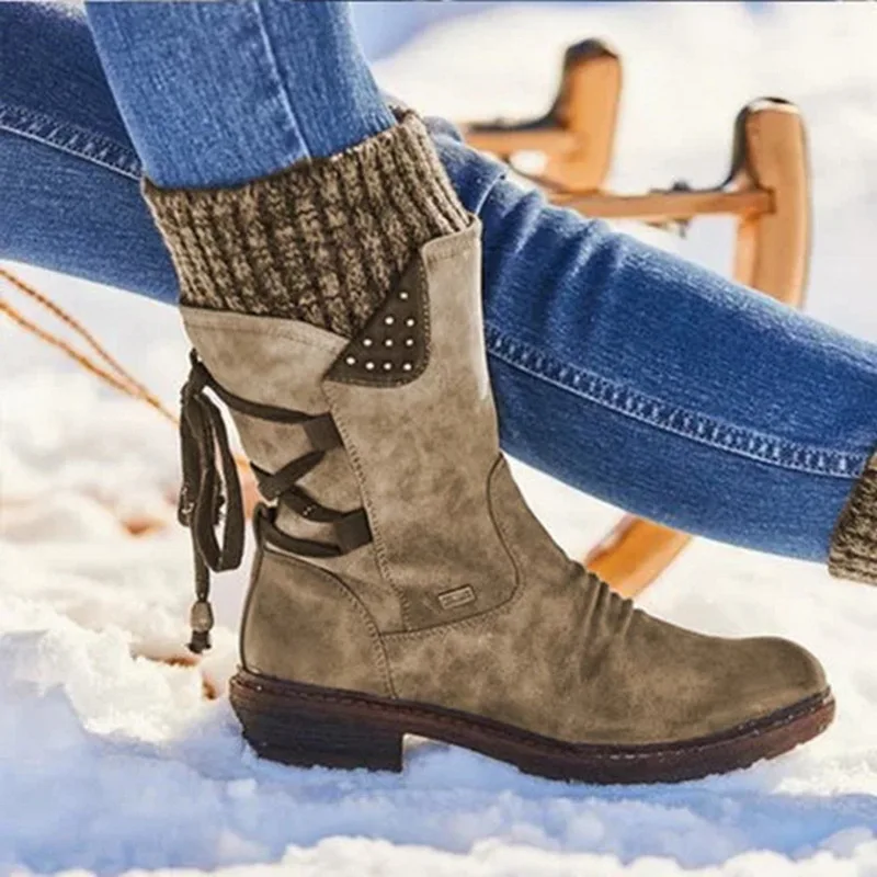 Women Boots Fashion Autumn PU Mid-Calf Boots With Back Lace-up Boots Solid Color Low Heels Shoes Botas Mujer Dropship - Цвет: Brown