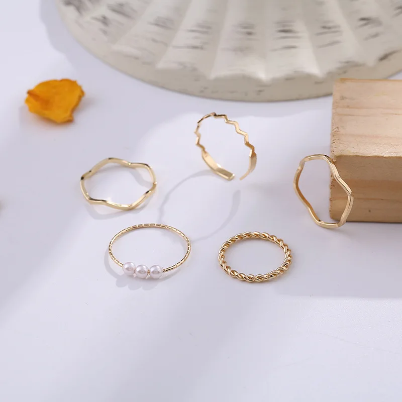 

5pcs/set Fashion Simple Golden Metal Wave Hand Knuckle Rings For Women Girls Small Finger Ring Accessories Jewelry