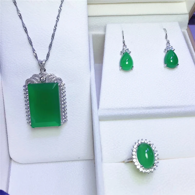 

Jadery Charms Green Chalcedony Jade Jewelry Sets For Women 925 Sterling Silver Necklace/Earrings/Ring Fine Jewelry 2019 Gifts