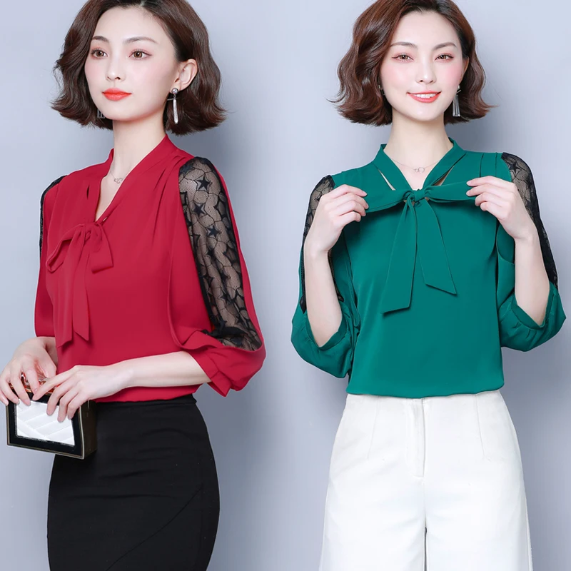 Бандажная шифоновая блузка с бантом Женский ажурный кружевной топ Женская