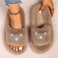 womens slippers fluffy flip flops butterfly furry slides luxury designer slippers flat faux fur sandals female platform shoes