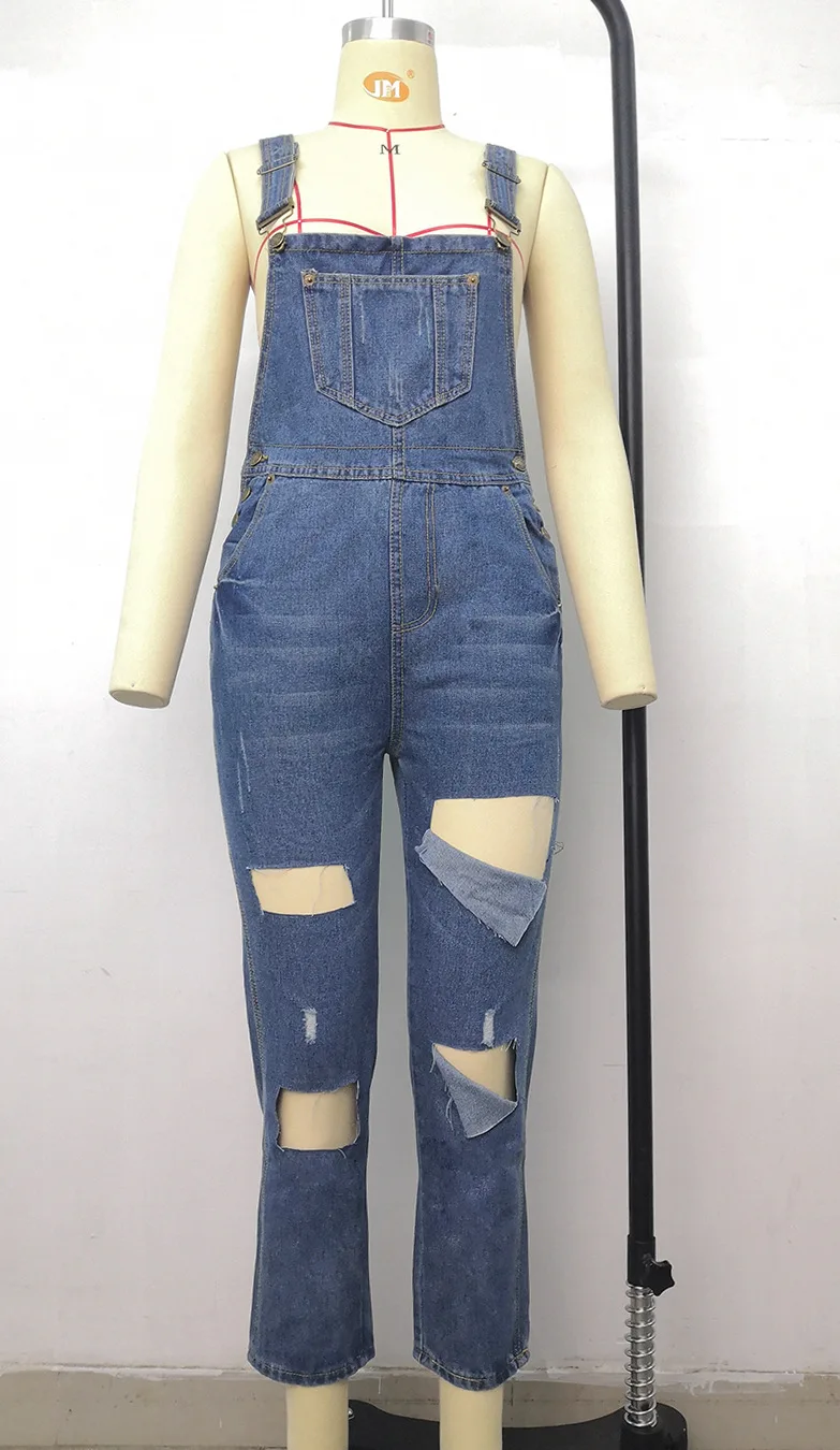 

Ladies' suspender jumpsuit casual denim jumpsuit hot sale small instep jumpsuit female jumpsuit slim jeans big hole jumpsuit