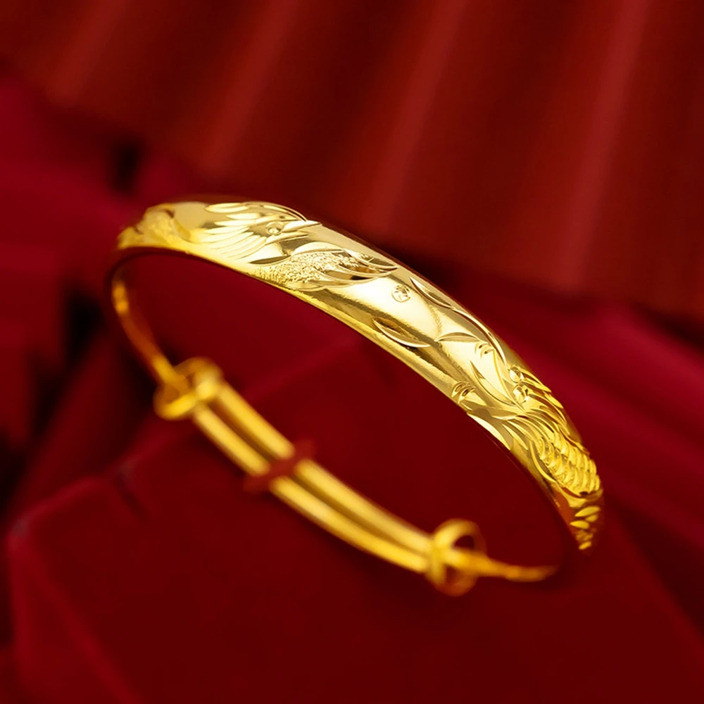 

Dragon Phoenix Paterned Dubai Bangle Women Adjust Bracelet Yellow Gold Filled Classic Solid Wedding Fashion Gift