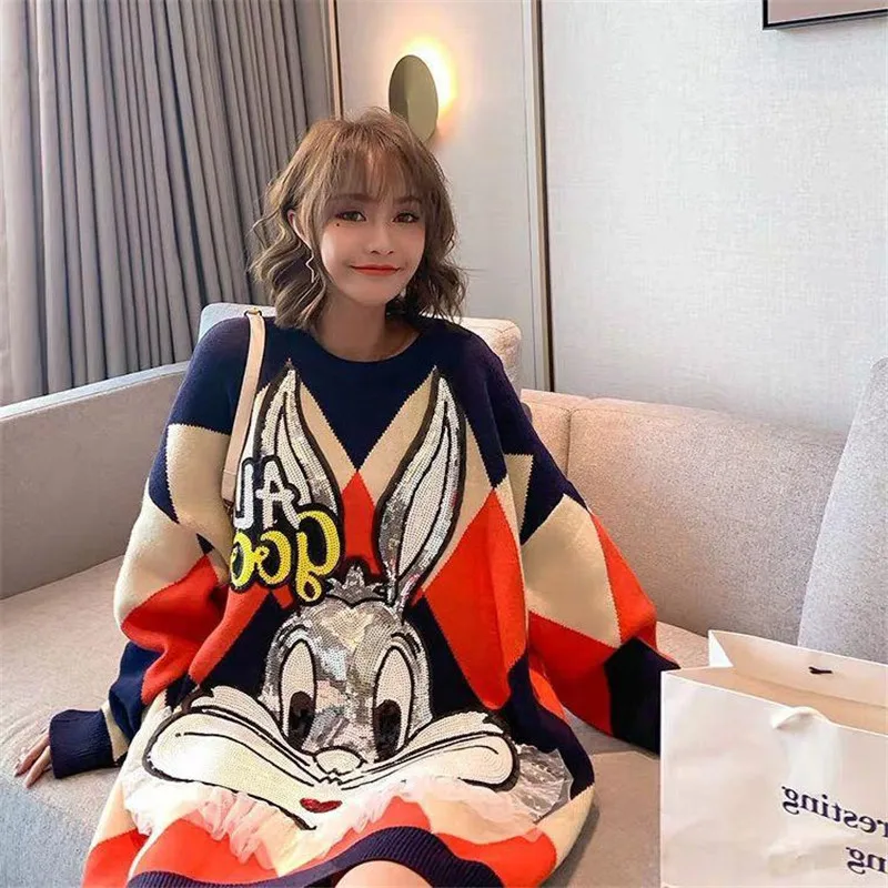 

2020 Autumn And Winter New Fashion All Match Round Neck Sweater Female Cartoon Rabbit Lazy Wind Loose Slim Knit Sweater C436
