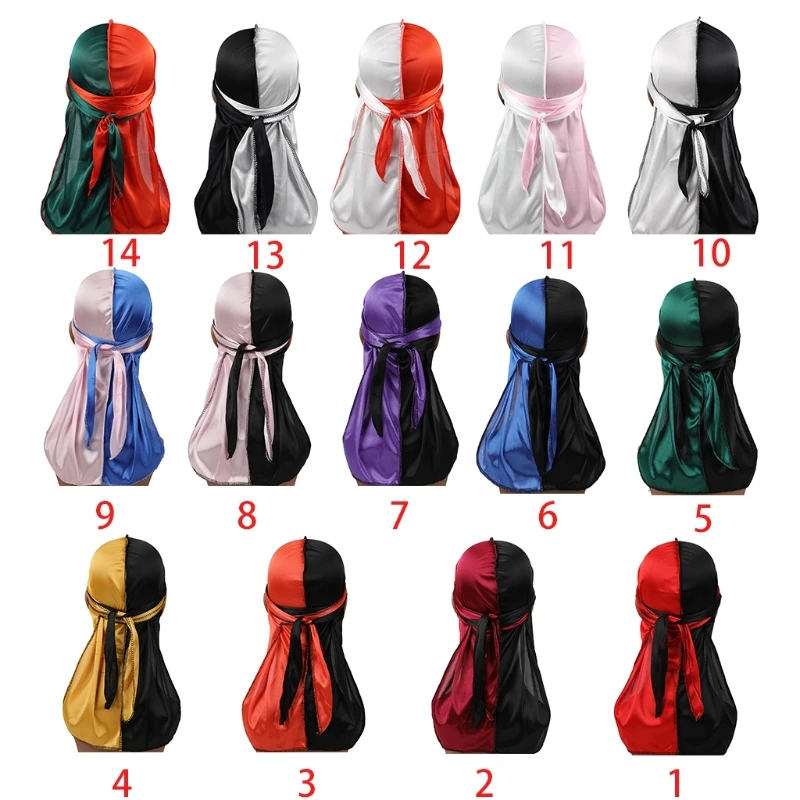 

Men Women Silky Durag Pirate Cap 2 Tone Color Block Long-Tail Headwrap Bandana Beanie Chemo Hat Hip Hop Turban Headscarf