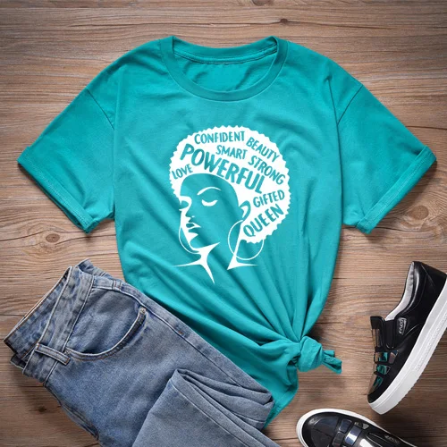 JadeGreen-White Афро леди Графический футболки для феминисток тройники черная девушка Волшебная футболка королева девушка мощные футболки рубашки женские винтажные меланин футболка - Цвет: JadeGreen-White