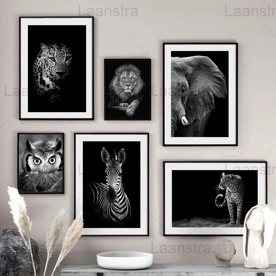 

Minimalist Black and White Wild Animals Canvas Painting Lion Owl Elephant Poster with Prints Leopard Zebra Wall Picture Art