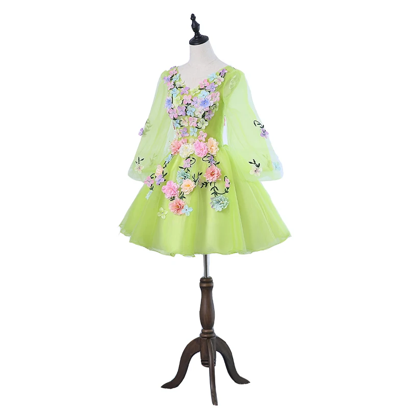 

New 2020 Arrival Vintage Deep V-Neck Prom Dresses Costume Full Sleeve 3D Flowers Luxury Appliques A-Line Gown Vestido 6 Colors