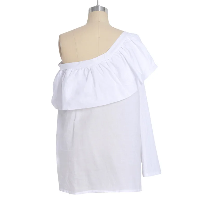 

Sexy Mini White Tops Shirts Off Shoulder Plus Size Clothing Oblique Ruffled Solid Crop Beach Holiday Party Summer Tops for Women
