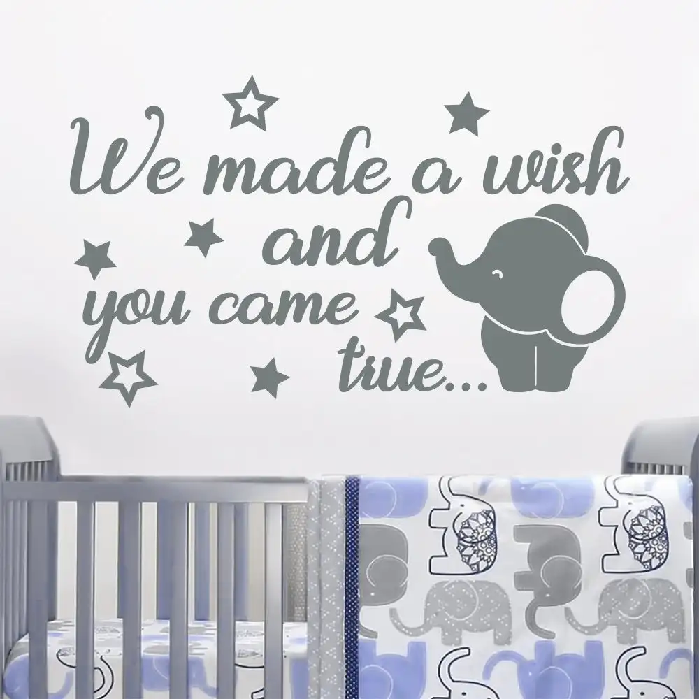 

Cartoon Elephant Wall Decal We Made a Wish and You Came True Quote Vinyl Stickers BaBy Room Kids Bedroom Home Decor Mural E048