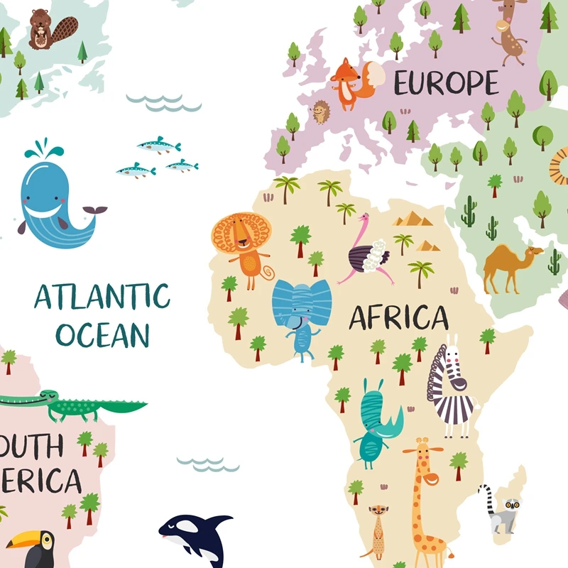 Карта мира плакаты принты пастельный декор для детской комнаты сафари животные