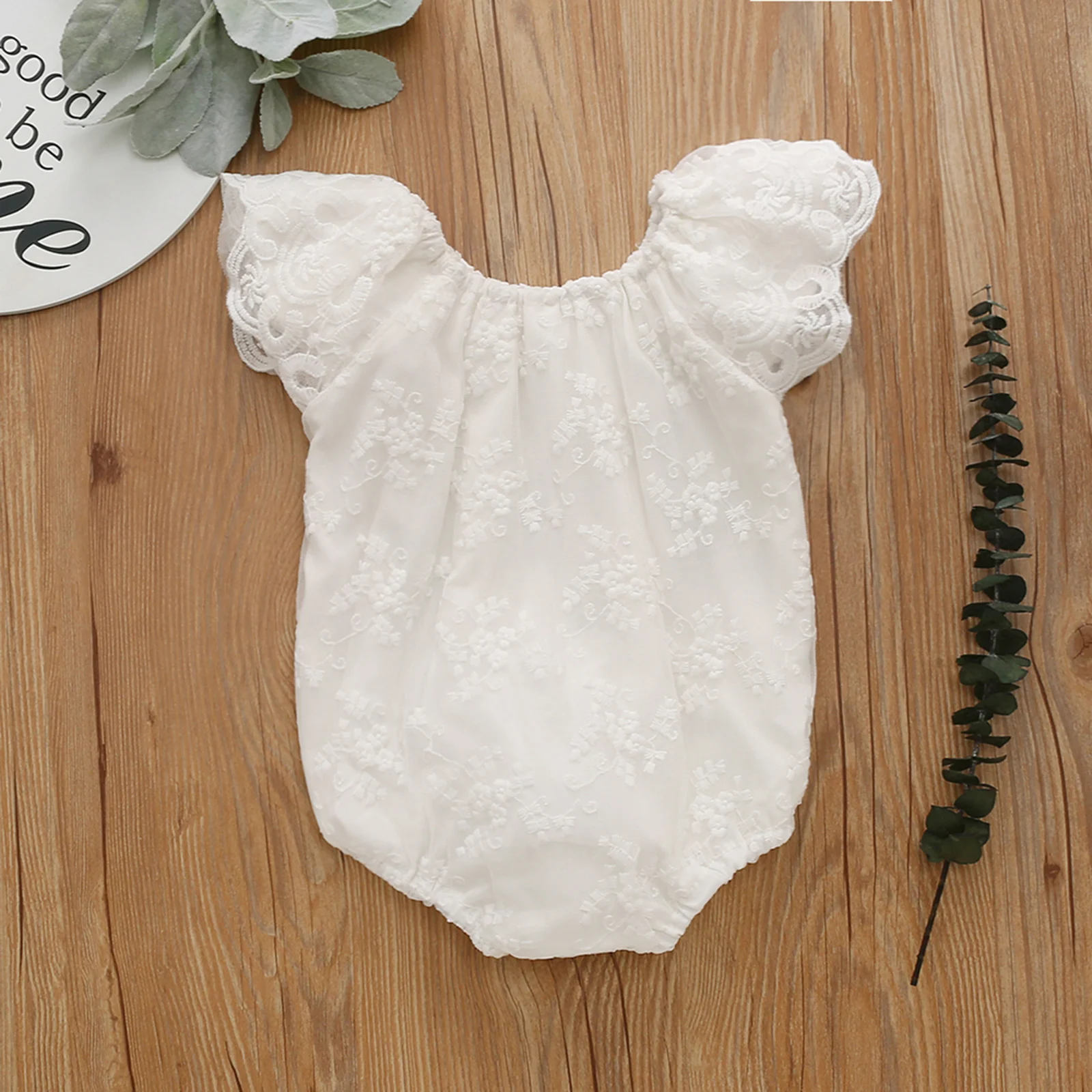 

Infants Flying Sleeve Jumpsuit Toddler Baby Summer Clothing Lace Bodysuit Round Collar Off Shoulder Solid Clothing Summer