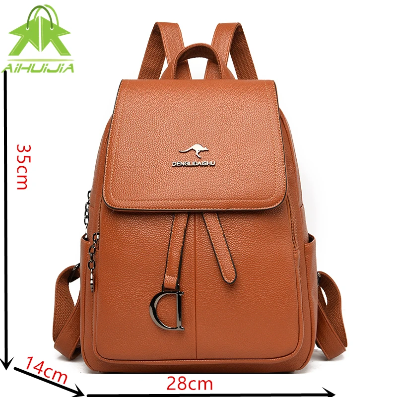 

Fashion Womens Multifunction Backpack Solid Color Retro Student Shoulder Bags New High Quality Pu Leather Travel Women Handbag