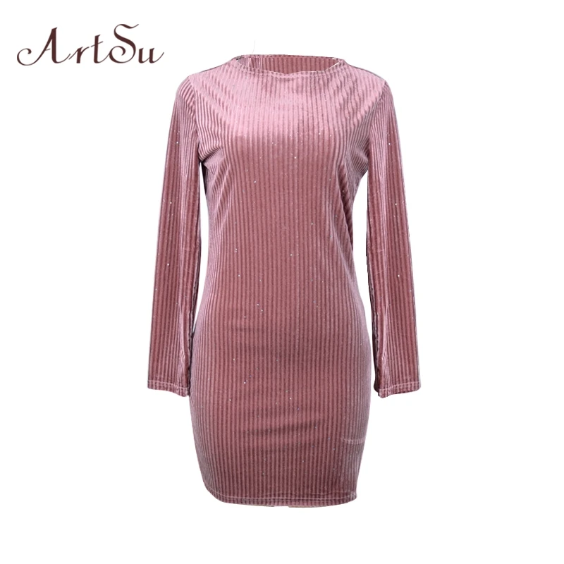 Женское бархатное платье Artsu розовое мини с длинным рукавом и стразами