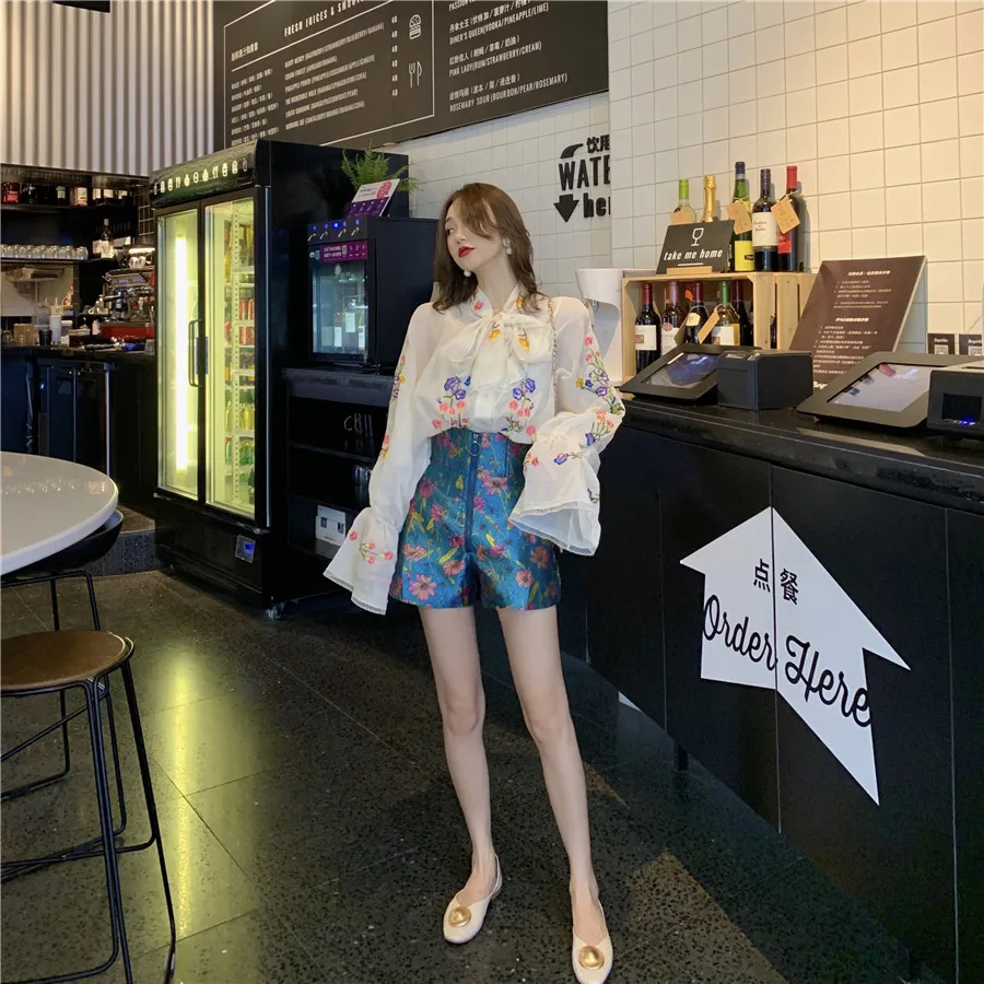 

GRUIICEEN Elegant Bow Tie Office White Blouse Flare Sleeve Autumn Woman Blouses Shirts Floral Pattern