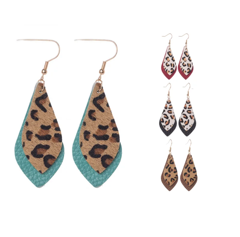Женские леопардовые кожаные серьги капельки длинные подвески с настоящими