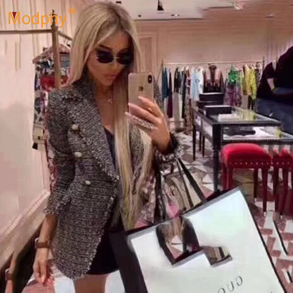 Модное клетчатое Женское пальто с длинным рукавом двубортное облегающее