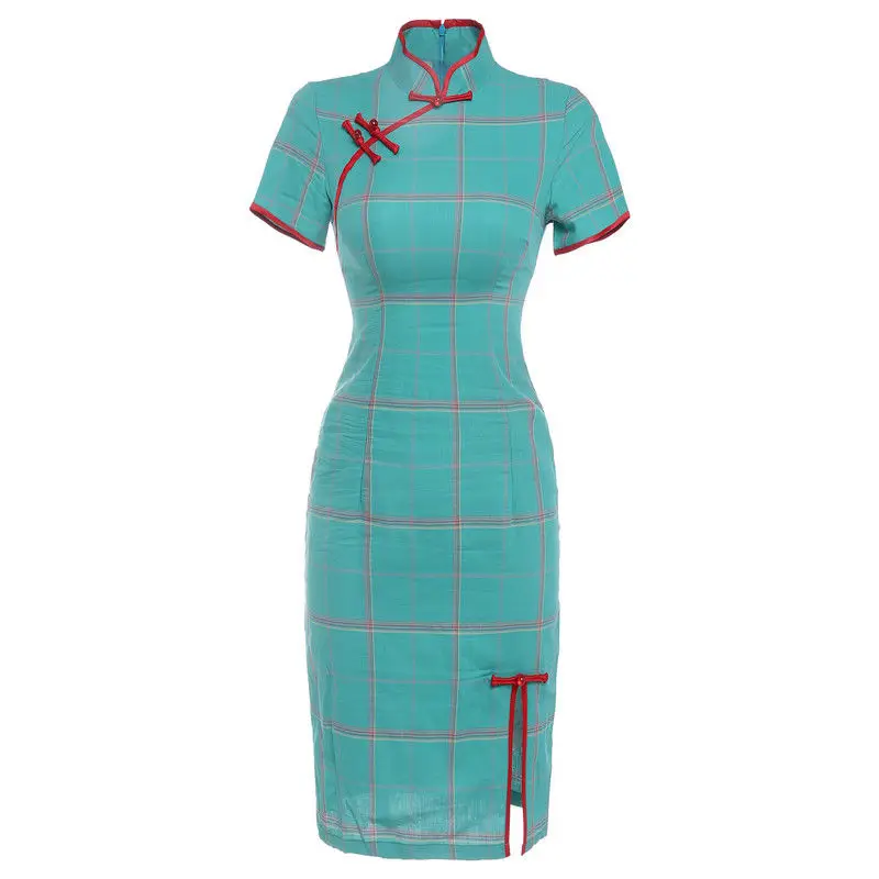 Традиционное женское платье Cheongsam из хлопка и льна, в клетку, Qipao, вестидос, ручная работа, на пуговицах, халат-платье, китайское вечернее платье.