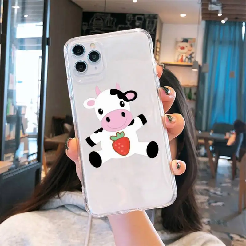 

Cow Print Strawberry pink cute Phone Case Transparent for iPhone 6 7 8 11 12 s mini pro X XS XR MAX Plus cover shell accessorie